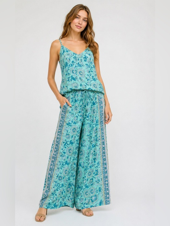 Clara The Label Pants - Clara The Label Fawn Pants Blue Bonnet Floral Wide Leg Boho Drawstring Small